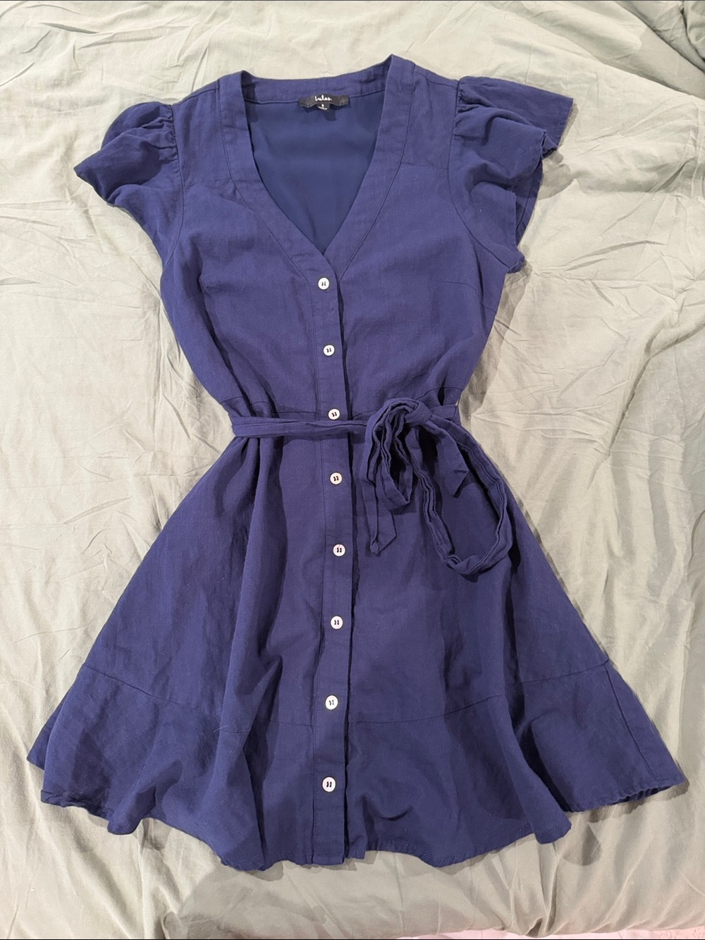 Lulu's navy blue  Button-Front Tie Waist Mini Dress
